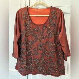 Coldwater Creek metallic brocade shirt, burnt orange, size 1X